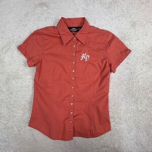 Harley-Davidson Womens Orange Rhinestone Logo Snap Button Shirt 96657-07VW Small